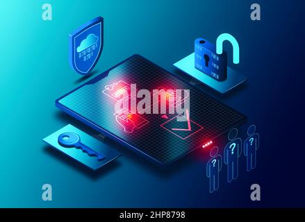 Concept d'authentification multifacteur - MFA - écran avec facteurs d'authentification entourés d'éléments d'accès numérique et d'identité - Cybersecurity sol Banque D'Images