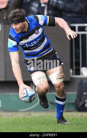 Bath, Royaume-Uni. 19th févr. 2022. 19th février 2022 ; The Recreation Ground, Bath, Somerset, Angleterre ; Gallagher Premiership Rugby, Bath versus Leicester; Josh Bayliss of Bath marque un Try Credit: Action plus Sports Images/Alay Live News Banque D'Images