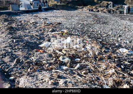 Problème écologique. Dauphin mort sur la rive avec des ordures Banque D'Images