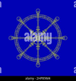 Icône de barre de contrôle isolée sur fond bleu.Concept du volant de direction du navire.Design nautique.Logo bateau. Illustration de Vecteur