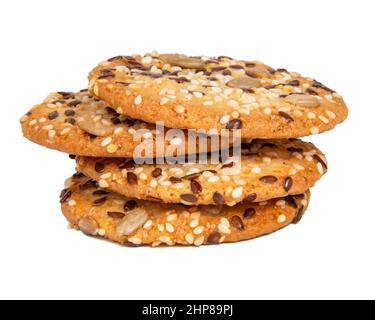 Biscuits de céréales en-cas à grains entiers avec graines isolées sur fond blanc Banque D'Images