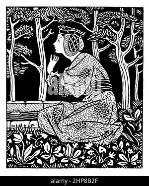 Femme médiévale dans le jardin, 1895 frontispiece illustration par Arthur Gaskin, de Goulds Book, de Fairy Tales, retold par S Baring Gould, publié par met Banque D'Images