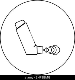 Main Inhaler spray pour le traitement asthme soulagement de la toux concept inhalation allergique patient icône en cercle rond noir couleur vecteur illustration image contour ligne mince Illustration de Vecteur