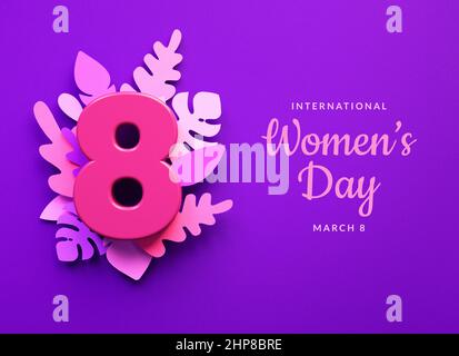 Modèle de message social de la Journée internationale des femmes avec le numéro 8 et des ornements floraux dans l'illustration 3D. Mars 8 pour le féminisme, l'indépendance, sisterh Banque D'Images