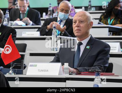 Tunis, Tunisie. 17th févr. 2022. Le chef de l'Etat tunisien, KaÃ¯s SaÃ¯ed, se présente en Belgique pour participer aux travaux du Sommet de 6th entre l'Union européenne et l'Union africaine, prévu pour les 17 et 18 février 2022 à Bruxelles (Credit image: © Chokri Mahjoub/ZUMA Press Wire) Banque D'Images