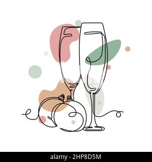 Vecteur abstrait continu une seule ligne simple dessin icône de champagne et de boules de noël dans le dessin de silhouette. Idéal pour les cartes de vœux Illustration de Vecteur