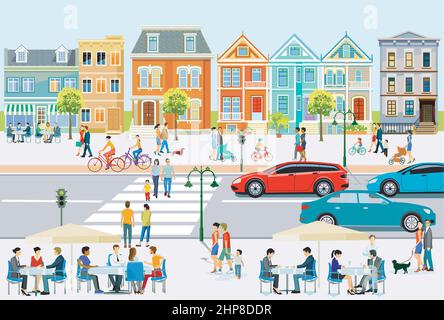 La vie urbaine, avec la circulation routière, les piétons et les familles à temps libre, illustration Illustration de Vecteur