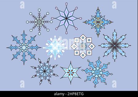 Ensemble hiver de flocons de neige de différentes tailles Illustration de Vecteur