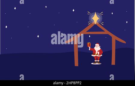 Le Père Noël est debout avec un cadeau dans la nuit de la lune Illustration de Vecteur