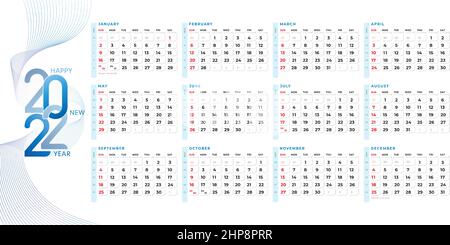 Calendrier pour la conception de modèle 2022. Avec forme de ligne ondulée et mise en page propre pour les entreprises, modèle de planification de conception d'entreprise. Début de la semaine le dimanche. Ensemble de 12 mois. Prêt pour le papier imprimable. Illustration de Vecteur