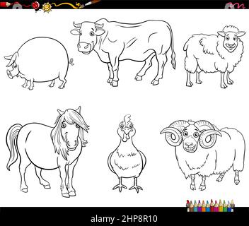 jeu de caractères animaux de la ferme de dessins animés pour la coloration Illustration de Vecteur