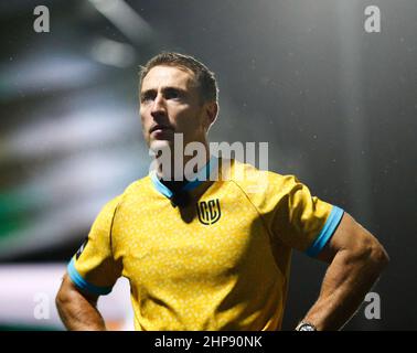 19th février 2022 ; Stade RDS, Leinster, Irlande: United Rugby Championships, Leinster versus Ospreys: L'arbitre Gianluca Gnecchi passe en revue le moniteur Banque D'Images