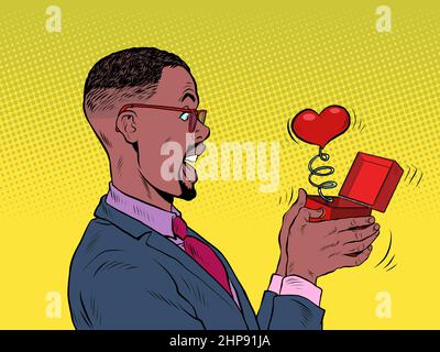 Un homme d'affaires regarde un coeur rouge boîte valentine surprise salutation, amour romance Illustration de Vecteur