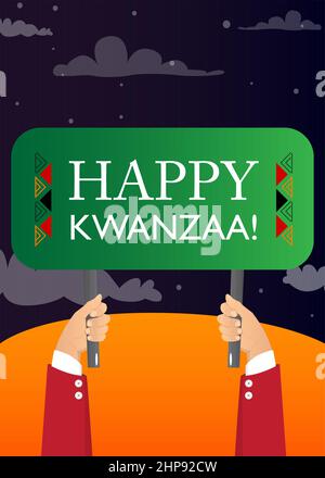 Main tenant bannière avec heureux Kwanzaa! texte. Illustration de Vecteur