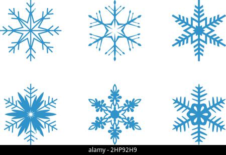 Symboles de flocon de neige abstrait givré bleu glacé sur fond blanc. Illustration de Vecteur