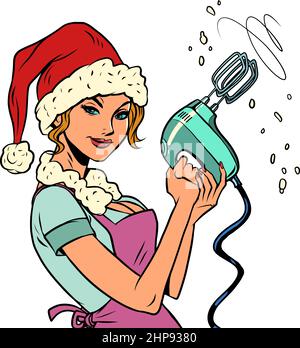Une femme du Père Noël avec un batteur à main, une femme au foyer dans la cuisine est engagée dans la cuisine de Noël Illustration de Vecteur