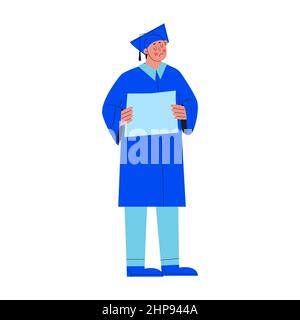 Triste gars en robe de graduation bleue et chapeau est tenue signe. Problèmes des diplômés de collège ou d'université. Illustration du vecteur de caractères. Illustration de Vecteur