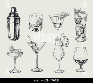 Ensemble de cocktails d'esquisse alcool boissons vecteur illustration dessinée à la main Illustration de Vecteur