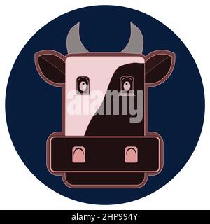 Tête de vache face autocollant rond conception plate Illustration de Vecteur