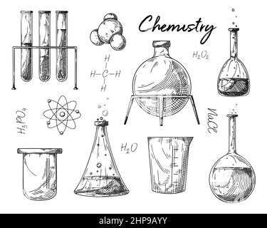 Jeu de différents flacons pharmaceutiques, béchers et tubes à essai. Esquisse d'objets de laboratoire chimique. Symbole de découverte et de chimie. Illustration de Vecteur