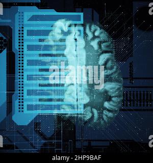 Section transversale du cerveau sur l'unité centrale de traitement, les réseaux cyber-neuraux, Neurolink, l'intelligence artificielle, CPU, Big Data, réseaux Internet Banque D'Images