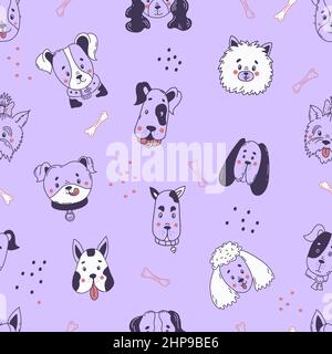 Motif décoratif sans couture avec museau et portraits de chiens domestiques de différentes races sur fond violet clair. Illustration vectorielle dans han Illustration de Vecteur