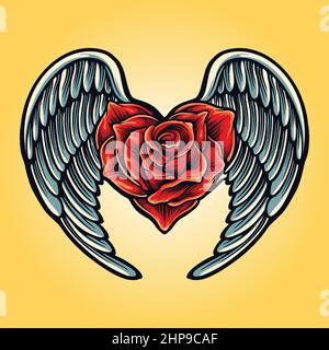 Angel Wings avec coeur de rose Symbol illustrations vectorielles pour votre travail logo, t-shirt de marchandise de mascotte, autocollants et dessins d'étiquettes, affiche Illustration de Vecteur