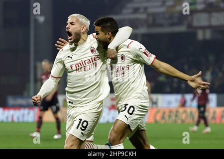 19th février 2022 ; Arechi Stadium, Salerno, Italie ; Serie A football, Salernitana versus AC Milan; Messias junior de Milan fête après avoir obtenu 0 - 1 points en 5th minutes Banque D'Images