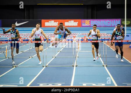 Samedi 19 février 2022: GRANT HOLLOWAY USA dans les 60 mètres Mens haies au Müller Indoor Grand Prix Birmingham à l'Utilita Arena Birmingham Banque D'Images