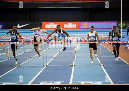 Samedi 19 février 2022: GRANT HOLLOWAY USA dans les 60 mètres Mens haies au Müller Indoor Grand Prix Birmingham à l'Utilita Arena Birmingham Banque D'Images