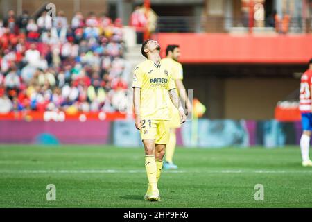 Grenade, Espagne. 19th févr. 2022. Yeremi Pino de Villarreal CF vu pendant le match de la Liga Santander 2021/2022 entre Granada CF et Villarreal CF au stade Nuevo Los Carmenes.final Score Granada CF 1:4 CF Villarreal CF. Crédit : SOPA Images Limited/Alamy Live News Banque D'Images