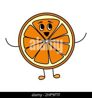 Personnage orange amusant, style dessin animé pour les enfants.Mascotte aux agrumes juteux avec un joli visage pour le jus de vitamine d'été Illustration de Vecteur