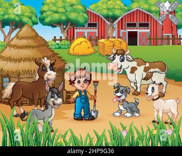 Agriculteur et animal de ferme dans la ferme Illustration de Vecteur