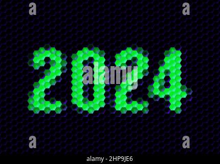 Signe de l'année 2024 avec la grille de pixels hex.Numéro du nouvel an ou chiffres pour la carte de célébration de la veille des fêtes ou le calendrier. Illustration de Vecteur