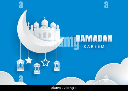 Ramadan Kareem carte de souhaits lune et étoiles lanternes traditionnelles l'arrière-plan. Eid Mubarak art papier banner illustration design. Utilisation pour flyer islamique, Illustration de Vecteur