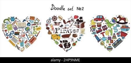 Ensemble de pirate de doodle vectoriel, jouets, supples d'école. Une carte avec un croquis dessiné à la main d'un navire de la sirène et des objets de pirate. Modèle pour cartes postales pour enfants Illustration de Vecteur