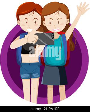 Deux filles prenant des photos avec l'illustration du téléphone Illustration de Vecteur