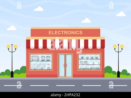 Magasin d'électronique qui vend des ordinateurs, des téléviseurs, des téléphones cellulaires et des appareils électroménagers en fond plat Illustration pour affiche ou bannière Illustration de Vecteur