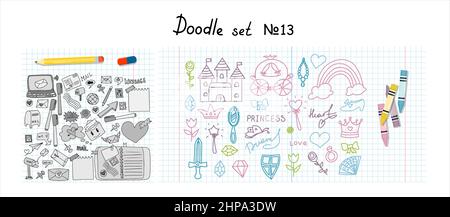 Easter, Fairy Tale Princess, collections de gribouillages postaux. Icônes contenant des enveloppes en papier, des lettres et des e-mails. Illustration de dessins manuels vectoriels isolée Illustration de Vecteur