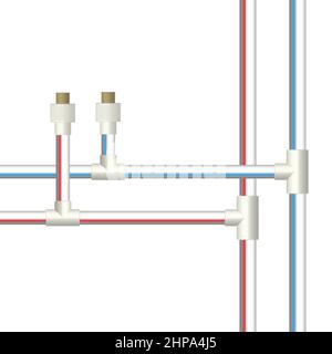 Tuyaux en plastique pour eau chaude et froide avec raccords. Vue de face, illustration vectorielle. Illustration de Vecteur