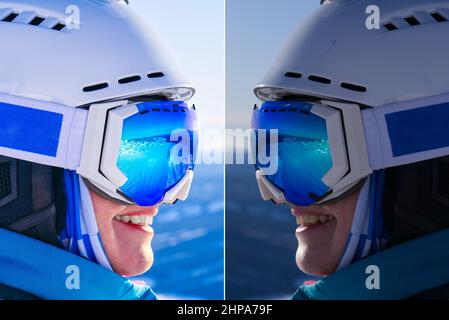 Exemple de processus de retouche photo avant et après. Du format RAW au format JPEG, correction des couleurs des femmes dans les stations de ski Banque D'Images