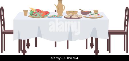 Dîner de fête servant des objets vectoriels de couleur semi-plats. Article de taille normale sur blanc. Élément intérieur. Partie de la maison arrangement simple de style de dessin animé illustrati Illustration de Vecteur