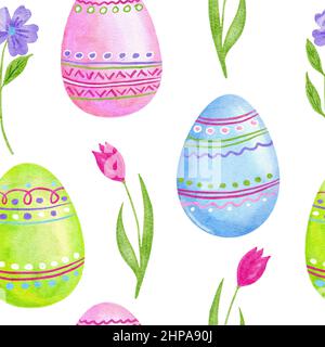 Aquarelle dessin à la main sans couture avec oeufs de Pâques lapins lapin dans les couleurs rose pastel vert bleu. Printemps avril fond pour la fête décor papier d'emballage textile Banque D'Images