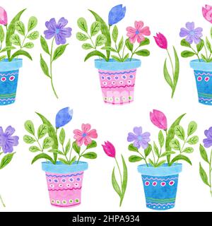 Aquarelle dessin à la main sans couture avec fleurs printanières en pots, tulipe rose pâquerette bleue. Design minimaliste élégant pour les invitations de mariage papier d'emballage textile, concept de jardin naturel Banque D'Images