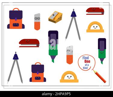 Un jeu de puzzle pour les enfants trouver l'un d'un genre. Fournitures scolaires de dessin animé mignon. Vecteur isolé sur fond blanc Illustration de Vecteur