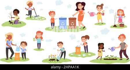 Activités écologiques pour les enfants, tri des déchets et plantation d'arbres. Ensemble d'illustrations vectorielles pour arbres de plantation pour filles et garçons. Les enfants jettent des ordures dans la poubelle. Illustration de Vecteur