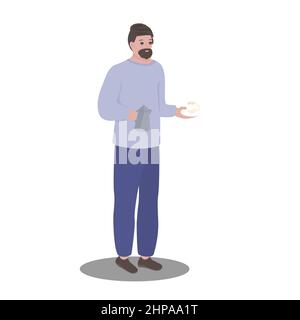 Jeune homme faisant du café. Un barista professionnel tient une tasse de café et un pot de coggee. Illustration vectorielle plate isolée sur blanc Illustration de Vecteur