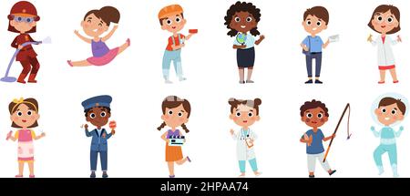 Enfants personnages professionnels, bébé pompier astronaute et médecin. Ensemble d'illustrations vectorielles pour garçons et filles de différentes professions. Dessin animé enfants avec pr Illustration de Vecteur