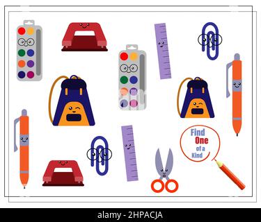 Un jeu de puzzle pour les enfants trouver l'un d'un genre. Fournitures scolaires de dessin animé mignon. Vecteur isolé sur fond blanc Illustration de Vecteur