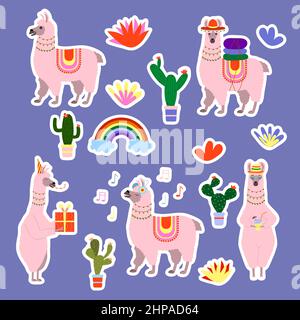 Un ensemble d'autocollants mignon dessin animé lamas, cactus, arc-en-ciel. Autocollants pour couper, vecteur. Illustration de Vecteur